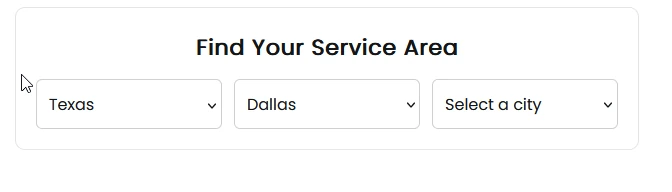 Frontend Find Your Service Area widget with state, county, and city dropdowns.